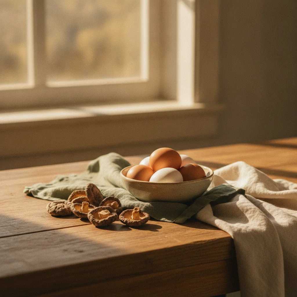 Solljus genom ett köksfönster med en skål med ägg och torkade svampar på bordet